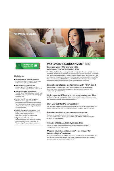 WD GREEN 500GB SN3000 NVMe Gen4X4 2280 M.2 SSD 5000MB/4000MB WDS500G4G0E