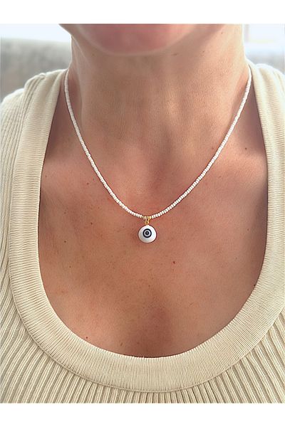 Quella Takı Lake Coating White Evil Eye Top Bead Gold Necklace