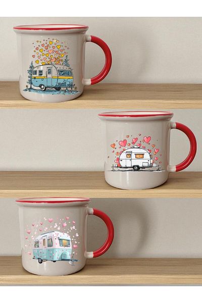 lili hediyelik Heart and Caravan Printed 3-Piece Ceramic Mouth Red Mug Cup - Home Kitchen Office Workplace Utensil