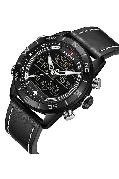 Naviforce Mens Black Aviation Chronograph Watch Black Dial White Stitch Leather Strap Analog Digital Quartz