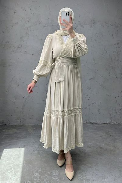Tesettür Diyarı Women's Cotton Guipure Detailed Belted Double Suit