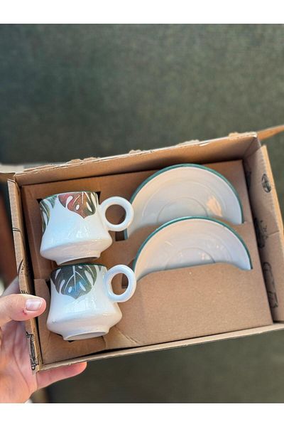 CeM Porselen 2-Person Leaf Patterned Boiler Model Coffee Cup Set