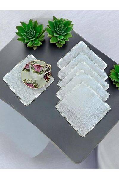 kissen 6 Pieces Linen Ecru Color Pearl Embroidered Cocktail Presentation Napkin