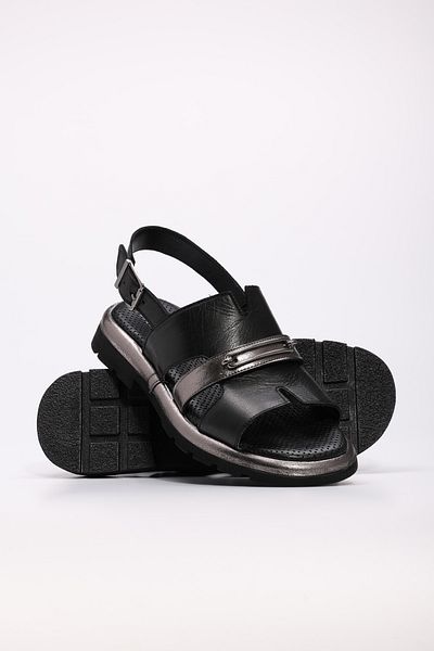 Ayakkabıhane Inside and Outside Genuine Leather Black Silver Women's Classic Sandals Ah087102611098