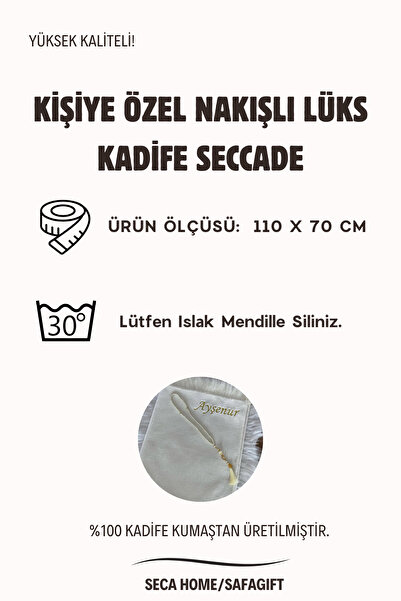 Safa Gift Kişiye Özel İsimli Nakışlı Lüks Kalın Kadife Seccade, Çeyizlik Bohçalık Tesbih Hediyeli Seccade