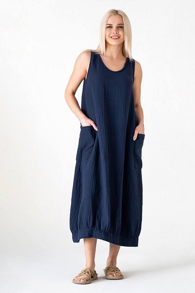 Fashion Showcase Muslin Fabric 100% Cotton Sleeveless Summer Casual Authentic Dress Navy Blue
