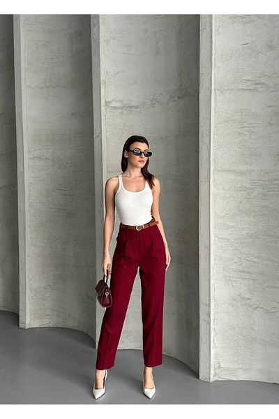 vesantia Women's Burgundy Belted Carrot Cut Fabric Trousers