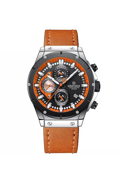 Naviforce Men's Chronograph Sports Watch Black Dial with Orange Accents and Brown Leather Strap Stylish