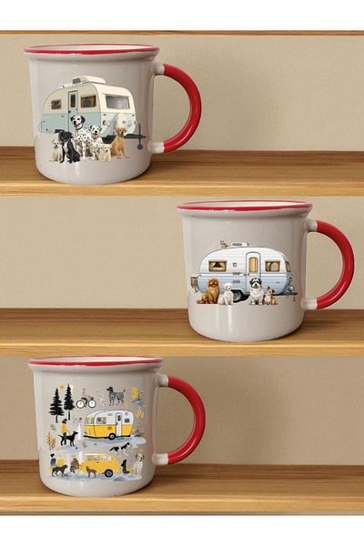 lili hediyelik Dogs and Caravan Printed Set of 3 Ceramic Mouth Red Mug - Home Kitchen Office Workplace Utensil