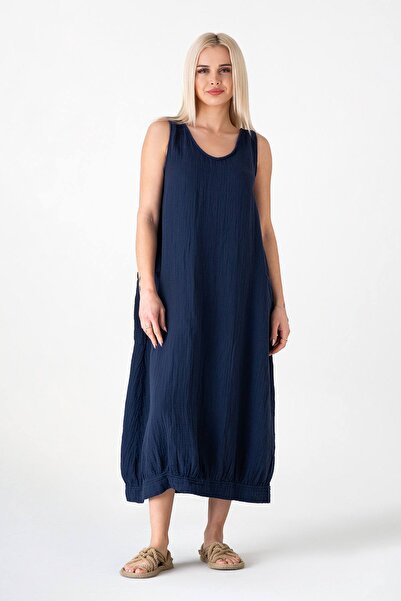 Fashion Showcase Muslin Fabric 100% βαμβακερό αμάνικο καλοκαιρινό χαλαρό αυθεντικό φόρεμα Navy Blue