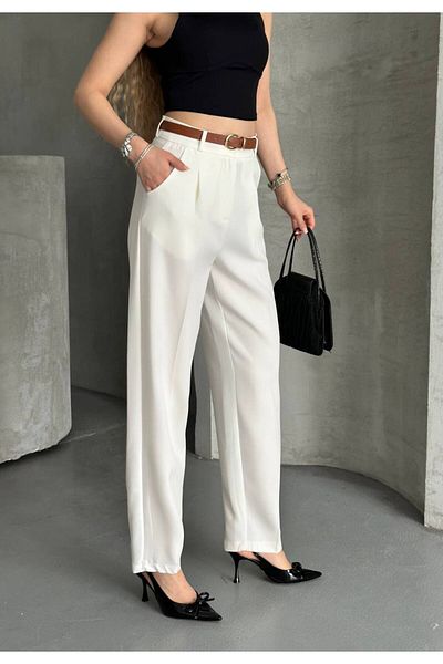 vesantia Women's White Belted Carrot Cut Fabric Trousers