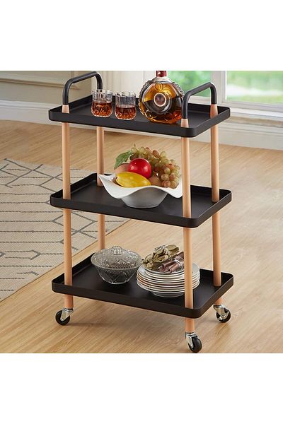 rexa 3-Tier Rolling Kitchen Storage Rack – Black Utility Organizer Cart with Wheels (85L x 36W x 53H cm)