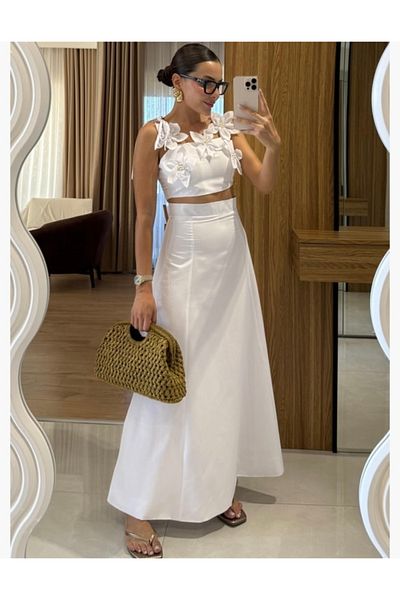 AÈC PRIVÈ Women's New Season Premium Quality Butter Yellow Special Design Flowered Bluz Skirt Suit 777