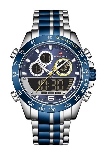 Naviforce Men's Analog-Digital Sports Watch, Stainless Steel Band with Blue Accents, Multifunction Chronograph