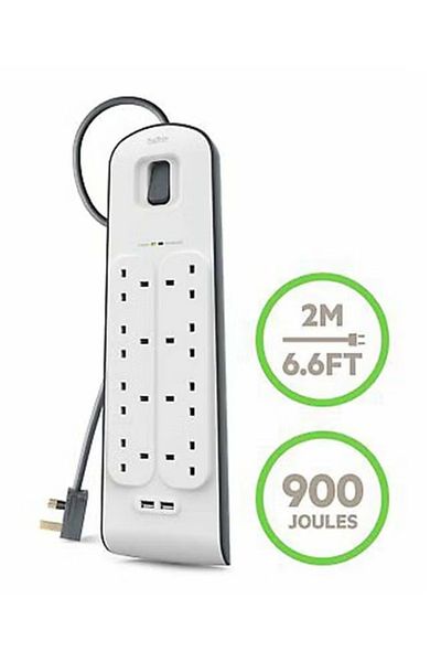 rexa 8-Way Surge Protection Strip With 2 USB Port White 49.8cm