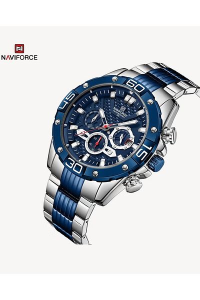 Naviforce Luxury Stainless Steel Blue Dial Chronograph Watch for Men with Date Display Luminous Hands