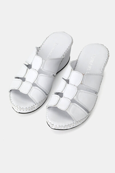TUNAELLİ Women's White Khaki Natural Leather 36-41 Number Wedge Heel Slippers