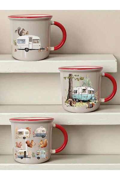 lili hediyelik Squirrel and Caravan Printed Set of 3 Ceramic Mouth Red Mug - Home Kitchen Office Workplace Utensil