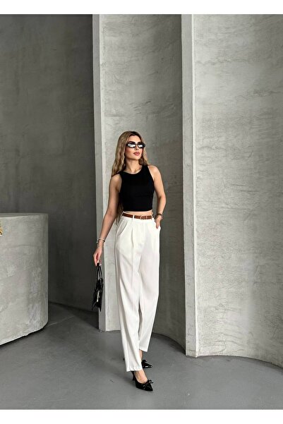 vesantia Women's White Belted Carrot Cut Fabric Trousers