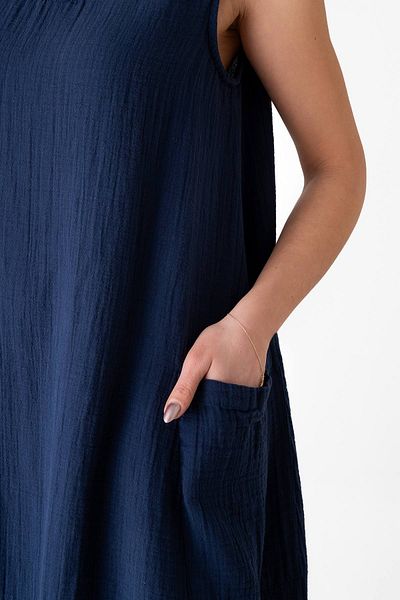 Fashion Showcase Muslin Fabric 100% Cotton Sleeveless Summer Casual Authentic Dress Navy Blue