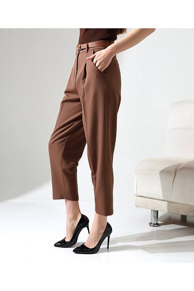 vesantia Women's Brown Belted Carrot Cut Fabric Trousers