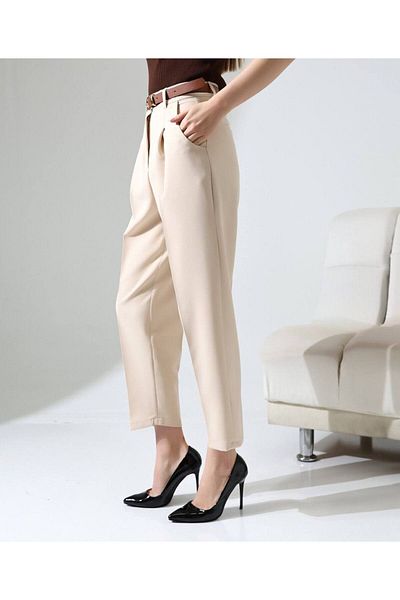 vesantia Women's Cream Belted Carrot Cut Fabric Trousers