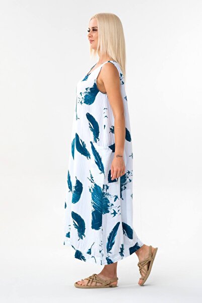 Fashion Showcase Muslin Fabric 100% Cotton Αμάνικο Καλοκαιρινό Casual Αυθεντικό Φόρεμα Indigo