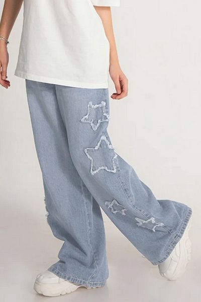 Asortix Star Detailed Soft Textured Wide Leg Wide Leg Jeans Girls' Jeans