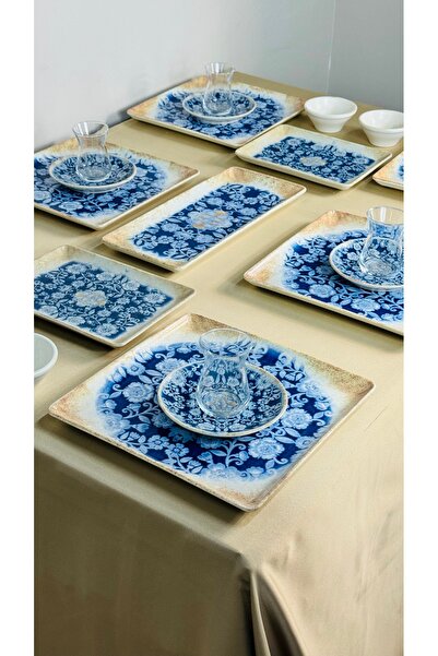 kuvars home Lüx Porselen Mavi Çiçekli 19 Parça 6 Kişilik Kahvaltı Takımı, Seti