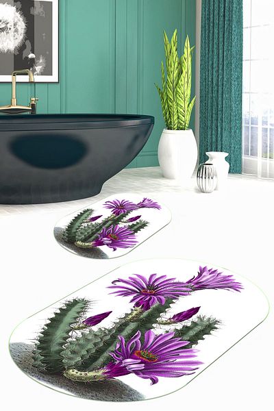 Viyana Home Set de 2 covoare de baie ovale, lavabile, antiderapante, cu model de cactus, O-KLOZET-115-VIOLET,