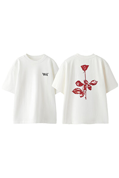 THEWERT Tricou oversize alb din bumbac cu imprimeu pe spate Depeche Mode 4 De...