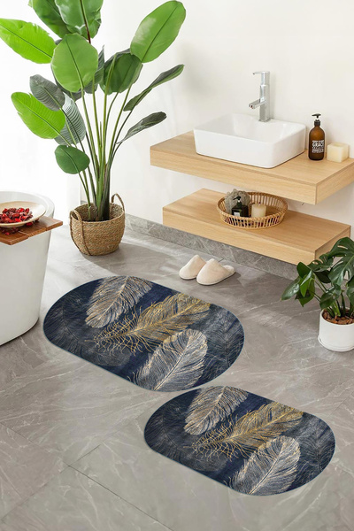 Viyana Home Digital Printed Non-Slip Base Washable Oval Bath Mat Set of 2 Toilet Seat Covers