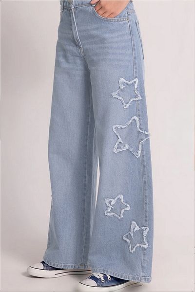 Asortix Star Detailed Soft Textured Wide Leg Wide Leg Jeans Girls' Jeans