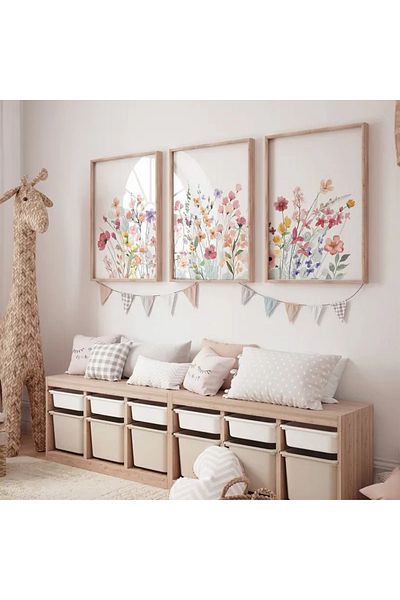 NT Handmade Natural Wooden Framed Uv Printing 3-Piece Colorful Flower Pattern Painting Set – Modern & Stylish Wall Decor