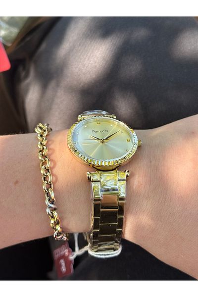 Ferrucci Gold Colored Simple Stylish Stone Look Waterproof Women's Watch with Steel Cord