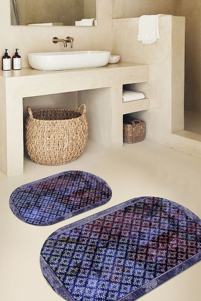 Viyana Home Digital Printed Non-Slip Base Washable Oval Bath Mat Set of 2 Toilet Seat Covers