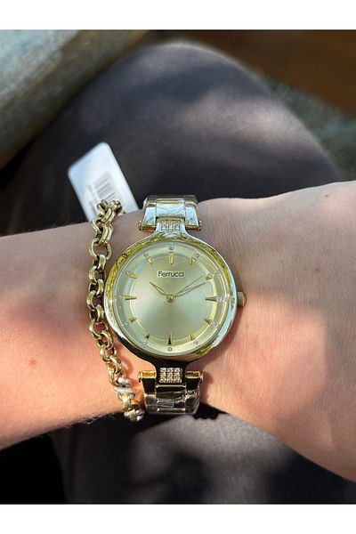 Ferrucci Gold Colored Simple Stylish Baguette Stone Steel Cord Waterproof Women's Watch