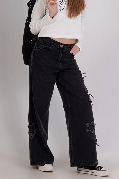 Asortix Star Detailed Soft Textured Wide Leg Wide Leg Jeans Girls' Jeans