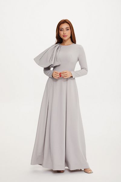 Stylish Long gray dress with embroidered shoulder