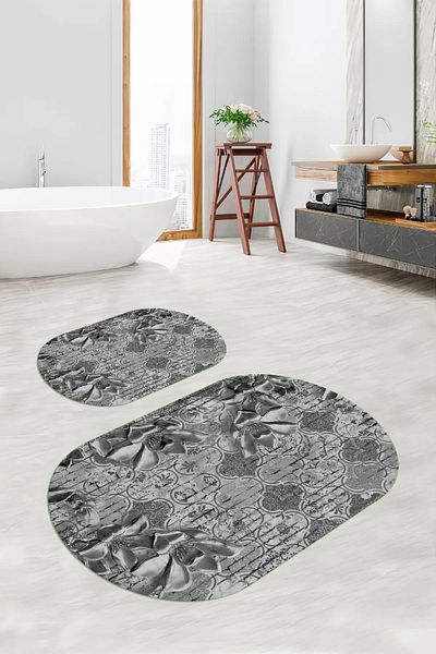 Viyana Home Ψηφιακό αντιολισθητικό πλενόμενο Floral Oval Bath Mat Σετ τουαλέτας 2 τεμαχίων, O-KLOZET-127-GRAY,