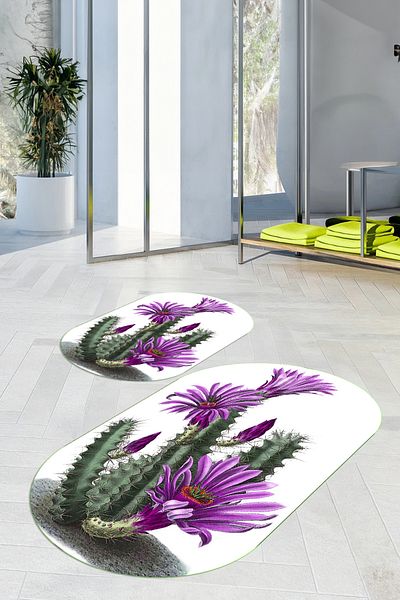 Viyana Home Set de 2 covoare de baie ovale, lavabile, antiderapante, cu model de cactus, O-KLOZET-115-VIOLET,