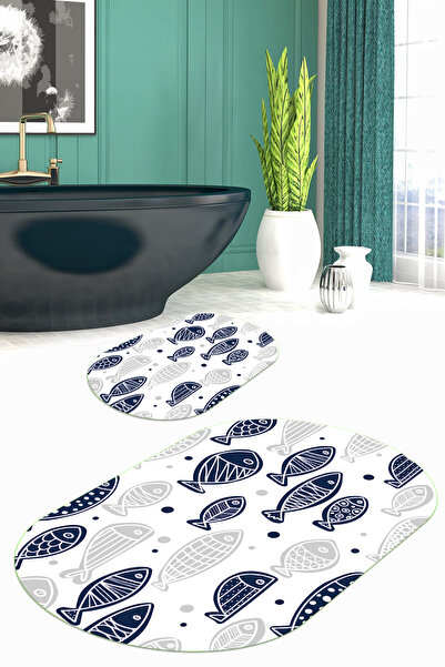 Viyana Home Covoraș de baie oval cu model de pește, lavabil, cu bază anti-alu...