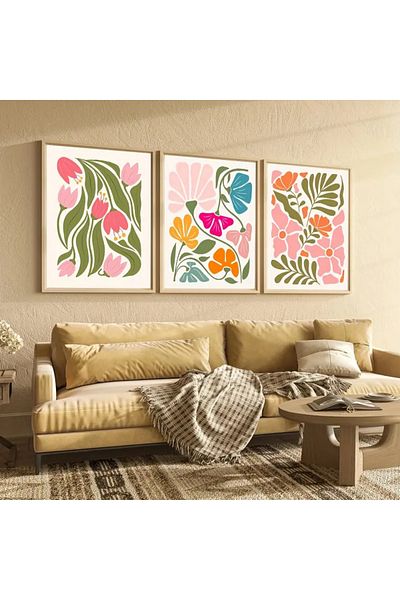 NT Handmade Natural Wood Framed Uv Print 3-Piece Colorful Abstract Pattern Painting Set – Modern & Stylish Wall Decor