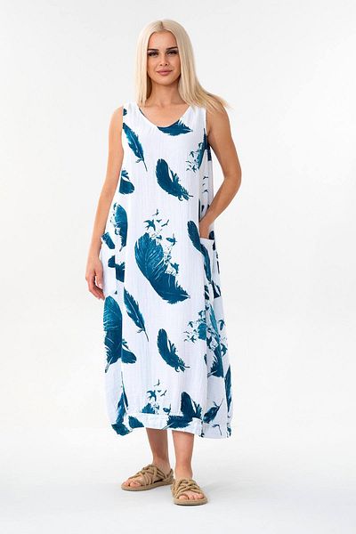 Fashion Showcase Muslin Fabric 100% Cotton Sleeveless Summer Casual Authentic Dress Indigo