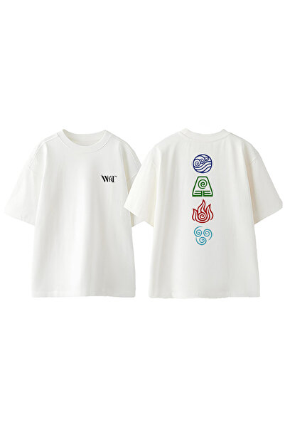 THEWERT Tricou oversize alb din bumbac imprimat pe spate cu simboluri Avatar