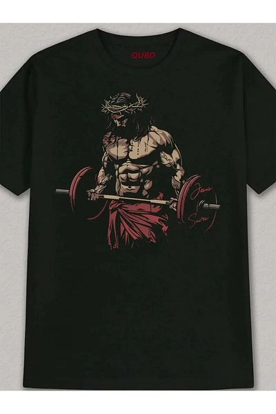 qubo sportswear & company Tricou negru cu mânecă scurtă, unisex, din bumbac, cu imprimeu supradimensionat
