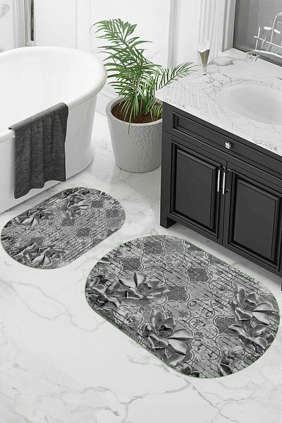 Viyana Home Ψηφιακό αντιολισθητικό πλενόμενο Floral Oval Bath Mat Σετ τουαλέτας 2 τεμαχίων, O-KLOZET-127-GRAY,