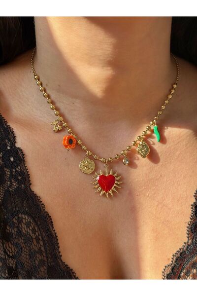 h&b design jewel Çelik Kırmızı Kalpli 7 Charmlı Kolye