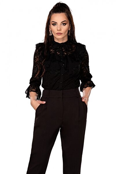 Atmosphere Fashion Cămașă neagră din dantelă cu volane