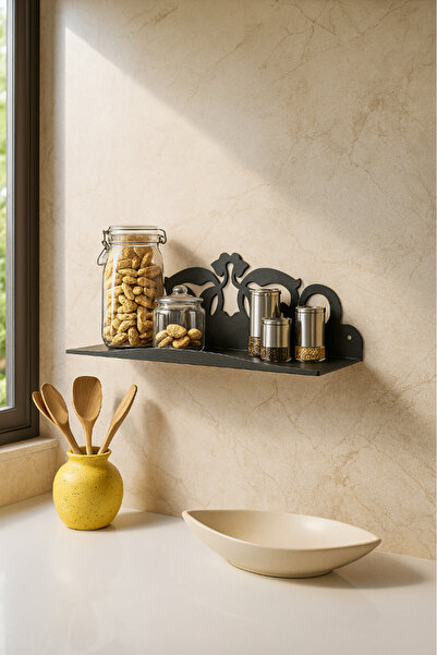 Lmz Design Ferforje Duvar Rafı, Dar Alanlar İçin Dekoratif Depolama Ünitesi, Siyah Metal Raf